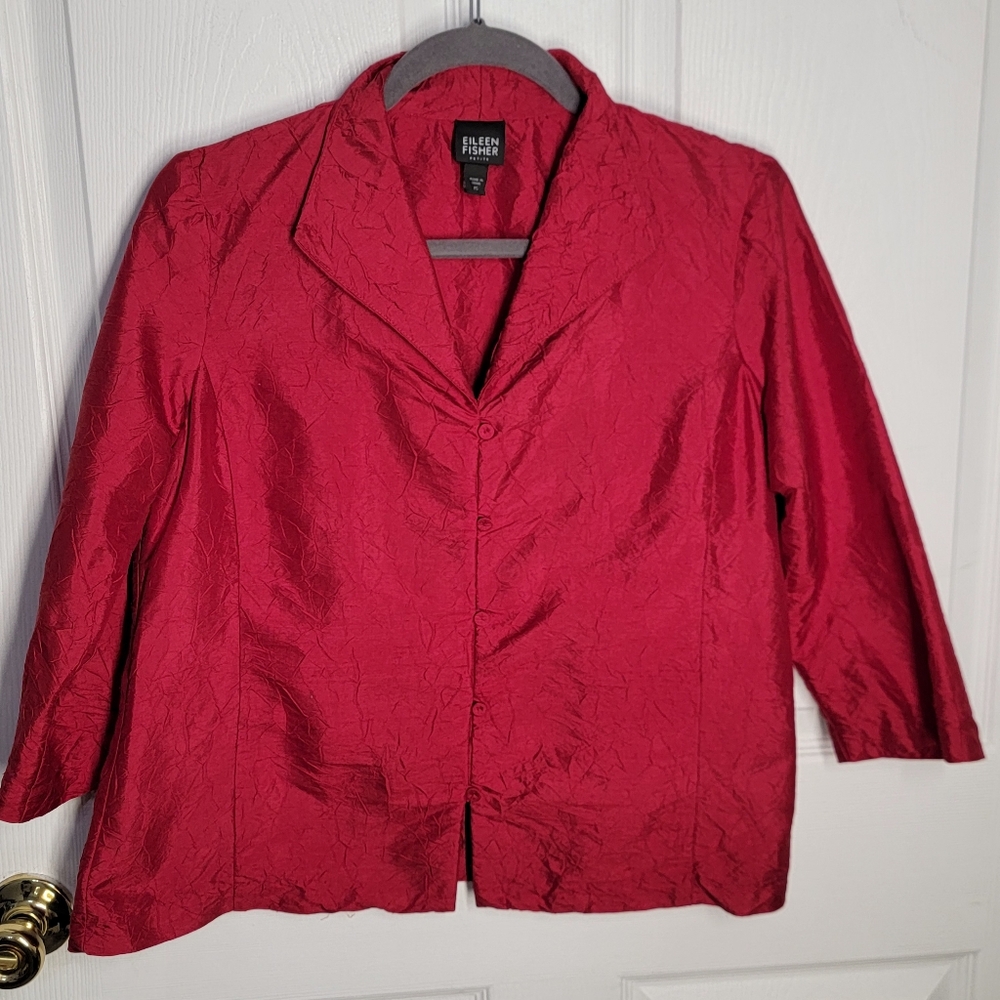 Eileen Fisher Crushed Dupioni Silk High Collar Shirt
